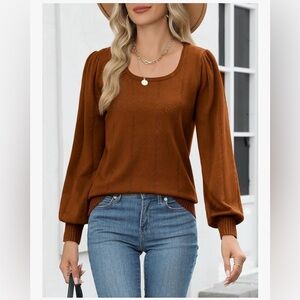 Hotouch Women's Brown Eyelet Sweater, Puff Sleeve, Square Neck, Large, NEW